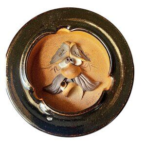 Mahon Handcrafted Ceramic Ashtray With Carved Face Art & Glossy Black Rim Gift